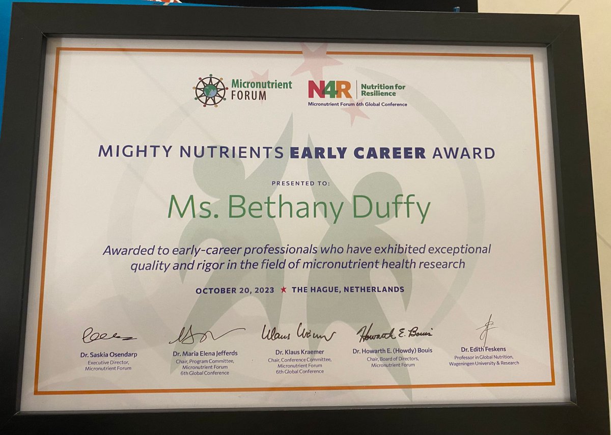 NICHE_ULSTER's tweet photo. Congratulations to @NICHE_PhD researcher Bethany Duffy on winning the π Mighty Nutrients award at the Micronutrient Forum 6th Global Conference #MNF2023 for her #OptiPreg RCT results on the importance of #riboflavin in #anemia & #hypertension in pregnancy π€°ππ https://t.co/ZvDcM2IM9h