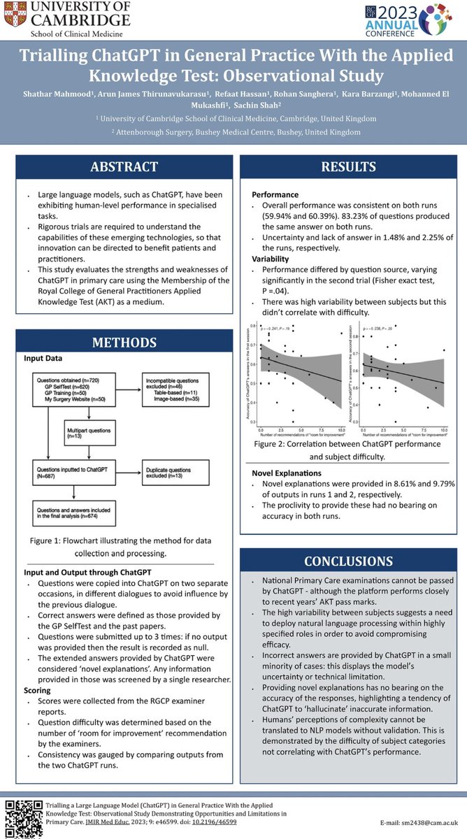 Great piece of work on show at #RCGPAC in Glasgow by medical student <a href="/thirumasu/">Thirumasu</a> &amp; GP <a href="/sachinthemoment/">S.</a> who collaborated when on placement at the surgery. 

An observational study applying artificial intelligence in the GP AKT exam. 

<a href="/Cambridge_Uni/">Cambridge University</a> <a href="/DocSandip/">Sandip</a> <a href="/Medscape/">Medscape</a>