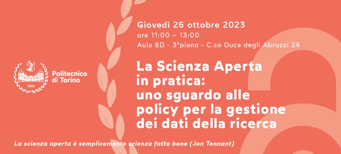 In occasione della International Open Access Week, il #PoliTO organizza il seminario "La #ScienzaAperta in pratica: uno sguardo alle policy per la gestione dei dati della ricerca"

📆26/10 -  h.11:00
📍Aula 8D #PoliTO

ℹ polito.it/ateneo/comunic…

#OAWeek23 <a href="/bibliopolito/">Biblioteche Polito</a>