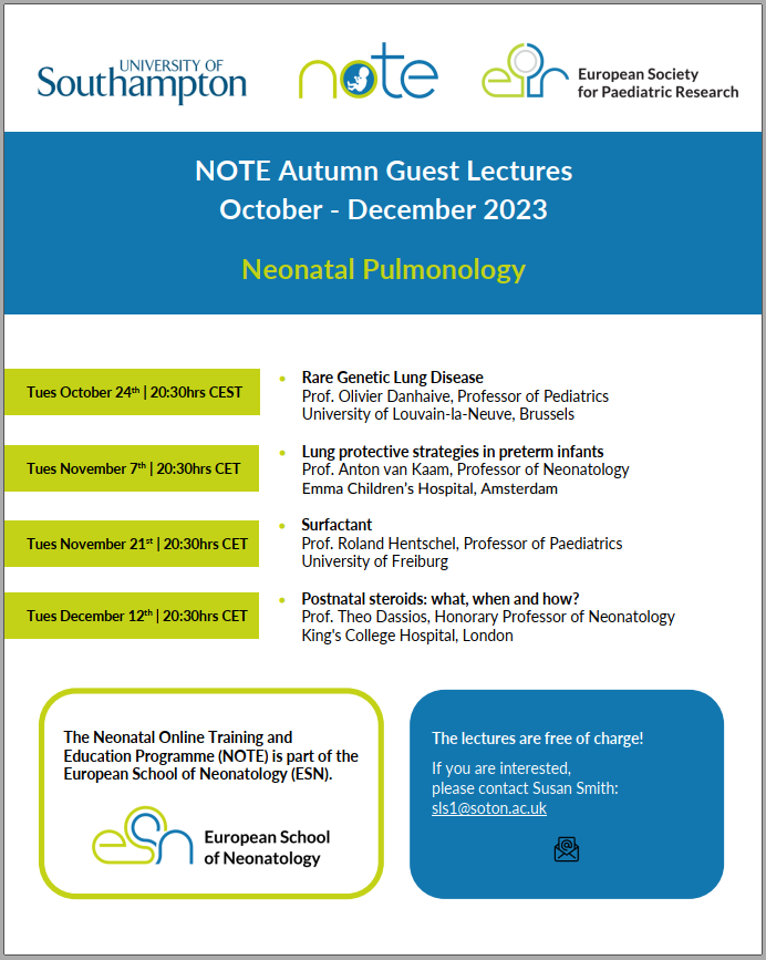 European Society for Paediatric Research (ESPR) (@espr_esn) on Twitter photo 🌟 Exciting News!🌟 Get ready for the NOTE Autumn Guest Lectures! Our focus: Neonatal Pulmonology. Best part? They're totally FREE! Secure your spot now by sending an e-mail to sls1@soton.ac.uk 🚀 Don't miss out! #developingandapplyingresearch 🌟 Exciting News!🌟 Get ready for the NOTE Autumn Guest Lectures! Our focus: Neonatal Pulmonology. Best part? They're totally FREE! Secure your spot now by sending an e-mail to sls1@soton.ac.uk 🚀 Don't miss out! #developingandapplyingresearch