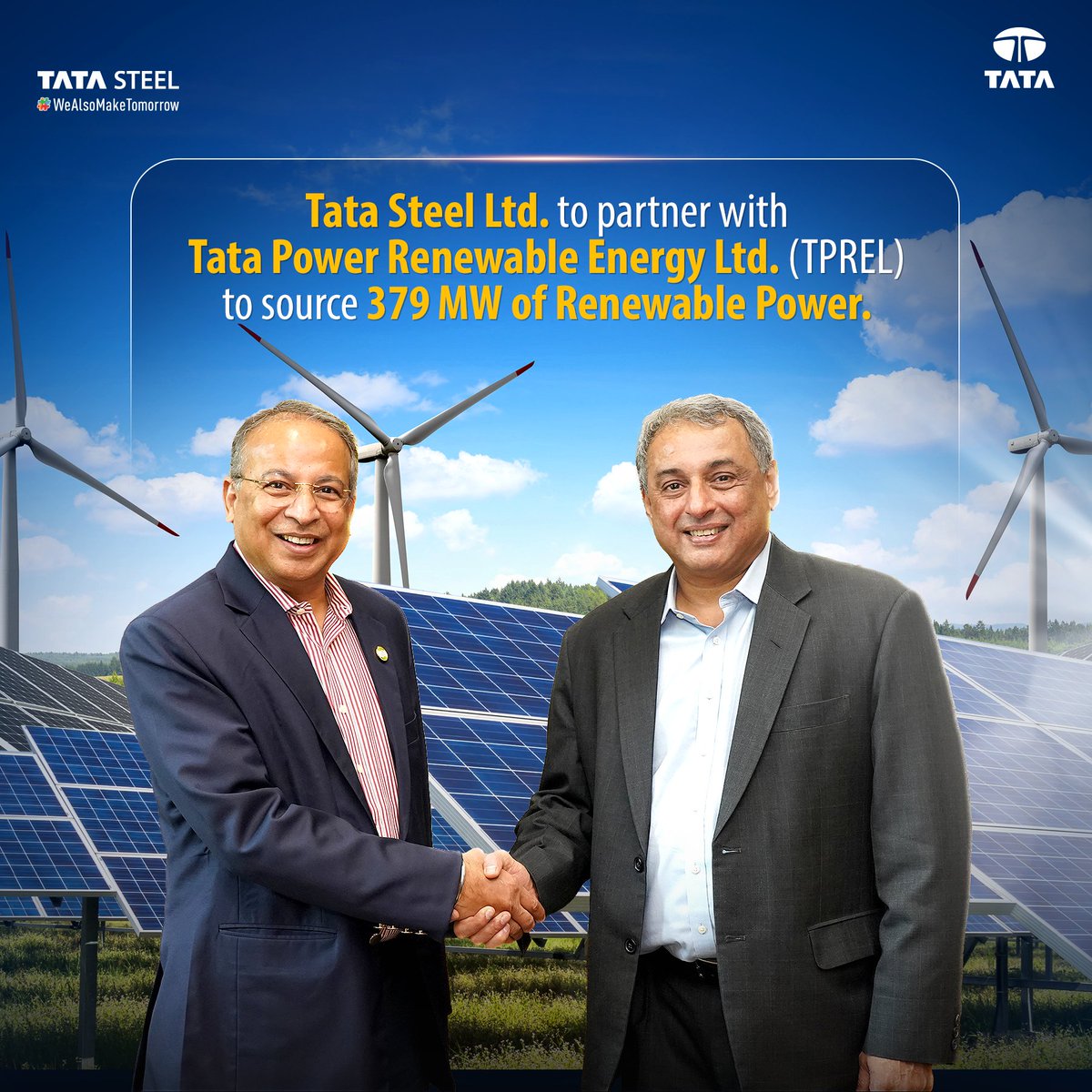 TataSteelLtd's tweet image. We&apos;re thrilled to announce our strategic partnership with @TataPower Renewable Energy Ltd. to source 379 MW of renewable power. This is a significant milestone on our journey towards achieving #NetZero carbon emissions by 2045.

#TataSteel #WeAlsoMakeTomorrow #TomorrowIsGreen