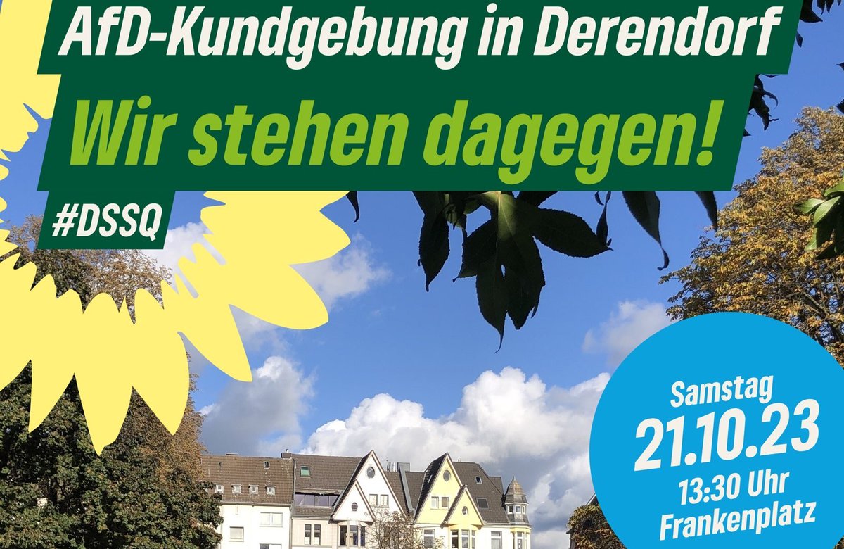 Die AfD mobilisiert am Samstag mit einer Kundgebung gegen eine geplante Unterbringung von Geflüchteten in Derendorf. Wir schließen uns der Gegendemo von <a href="/duesseldorfquer/">DSSQ</a> an. Bitte erscheint zahlreich und bunt! Wir zeigen der AfD: Nicht mit uns! Am Samstag, 21.10. ab 13:30 Uhr.