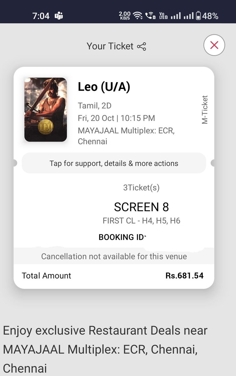 #LeoBookingsUpdate #LeoFilm 3 tickets available at Mayajaal on Friday 10:15 PM show...400 rupees only for three tickets..Interested PPL dm me...#LeoTicketsHelp .. Reach out @RahulSD15 #Leo #LokeshKanagaraj #Mayajaal #ThalapathiVijay #LeoTickets #Leoticket #Leoticketbooking #LCU