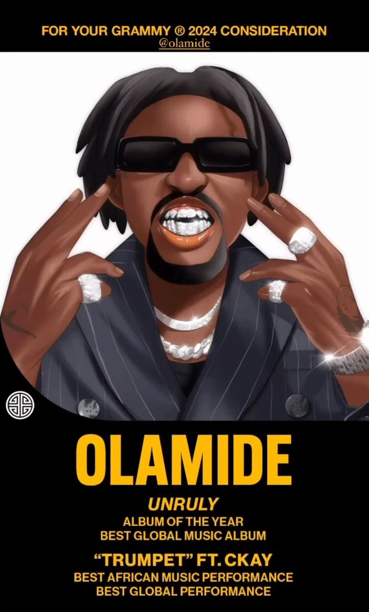 SnehQueenBee's tweet photo. Olamide’s 2024 Grammy Awards submissions 🏆

💿  Unruly —Album of the year. 
💿  Unruly — Best Global Music Album. 
💿 Trumpet — Best African Music performance. 
💿 Trumpet — Best Global Performance. https://t.co/1TDa39spbK