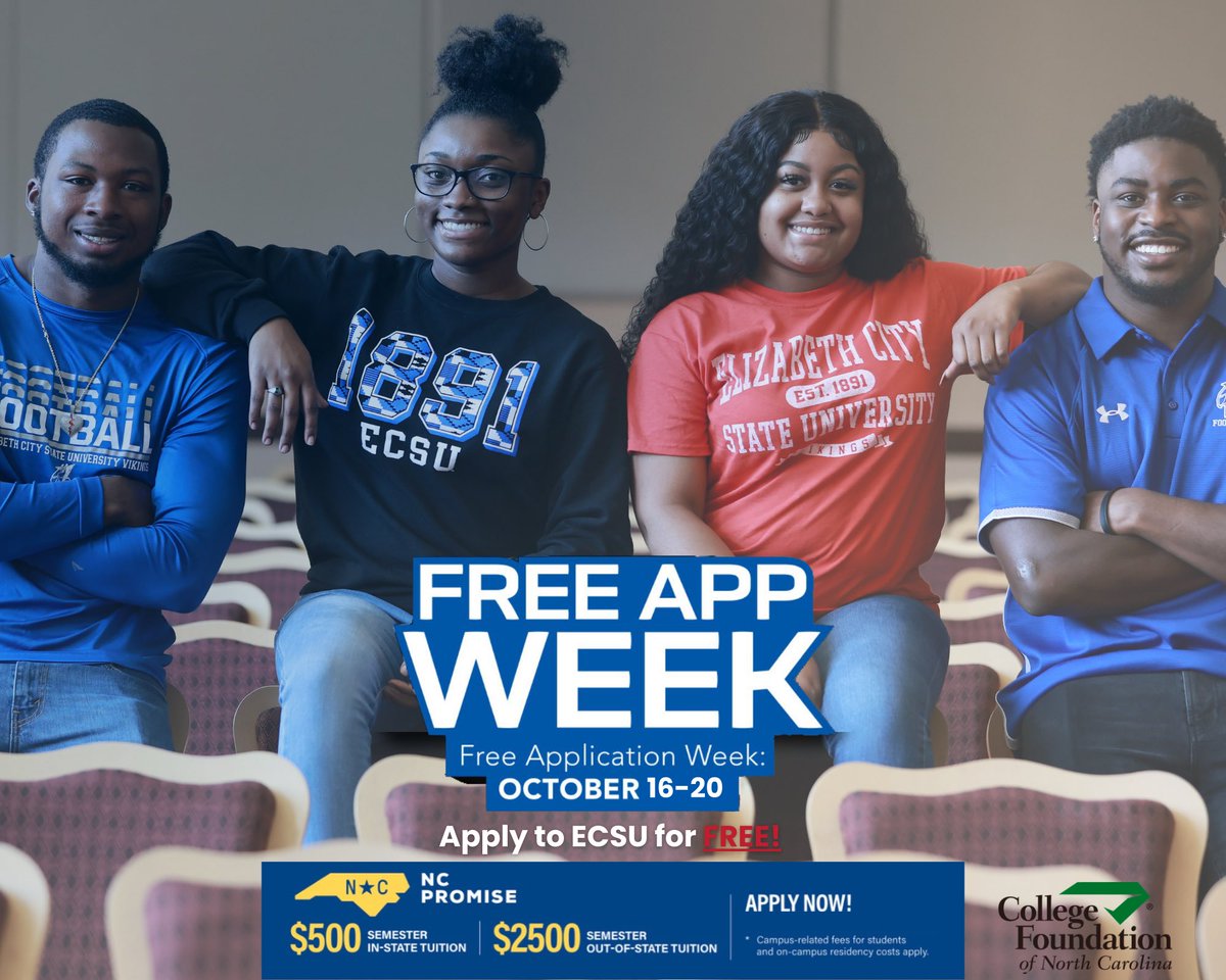 ECSU's tweet photo. Don't miss out! Today's the final day for Free College App Week. The application fee has been WAIVED—but only until 11:59 pm EST! Your path to higher education just got more affordable!
#FreeCollegeAppWeek #VikingsFeed #ECSU #VikingPride #ChooseECSU #ComeToDiscover https://t.co/1YDF40fa96