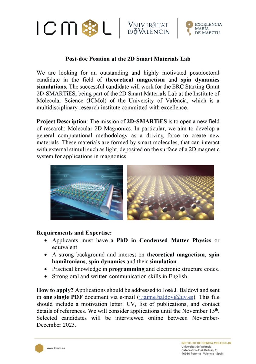 📣We are hiring 🔎

➡️ 1 open Post-doctoral position at the 2D Smart Materials Lab <a href="/ICMol_UV/">ICMol</a> funded by <a href="/ERC_Research/">European Research Council (ERC)</a> 2D-SMARTiES 🌊🧲 

Found the details here👇 and submit your applications before November 15th 📝 Female candidates are strongly encouraged to apply👩‍🔬💻