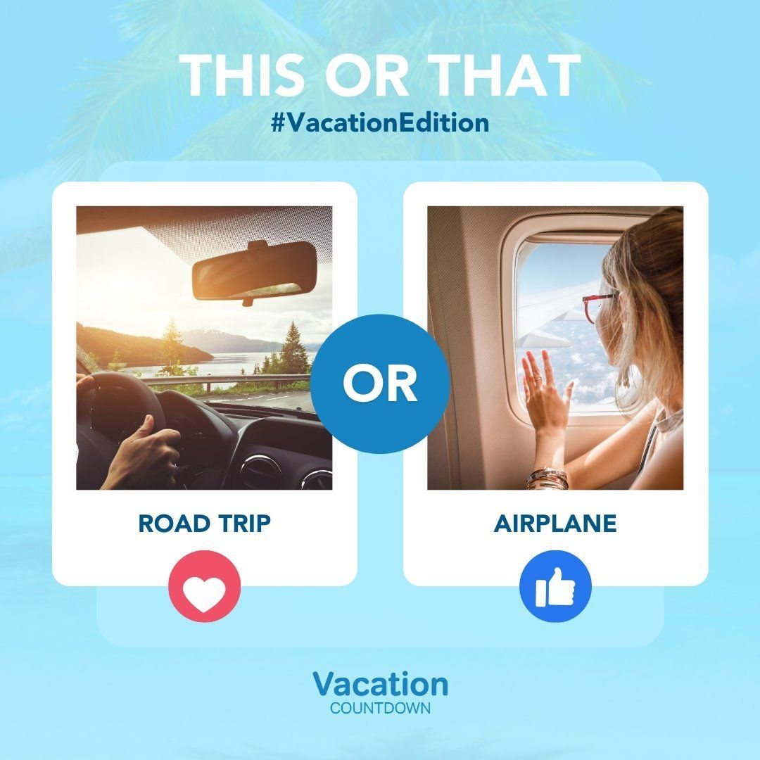 vacation_cd_app's tweet photo. Let's do another round of This or That #VacationEdition!

Do a road trip 🚗 or an airplane ride to your favorite travel destination? ✈️ https://t.co/8ZiGhYKy6V