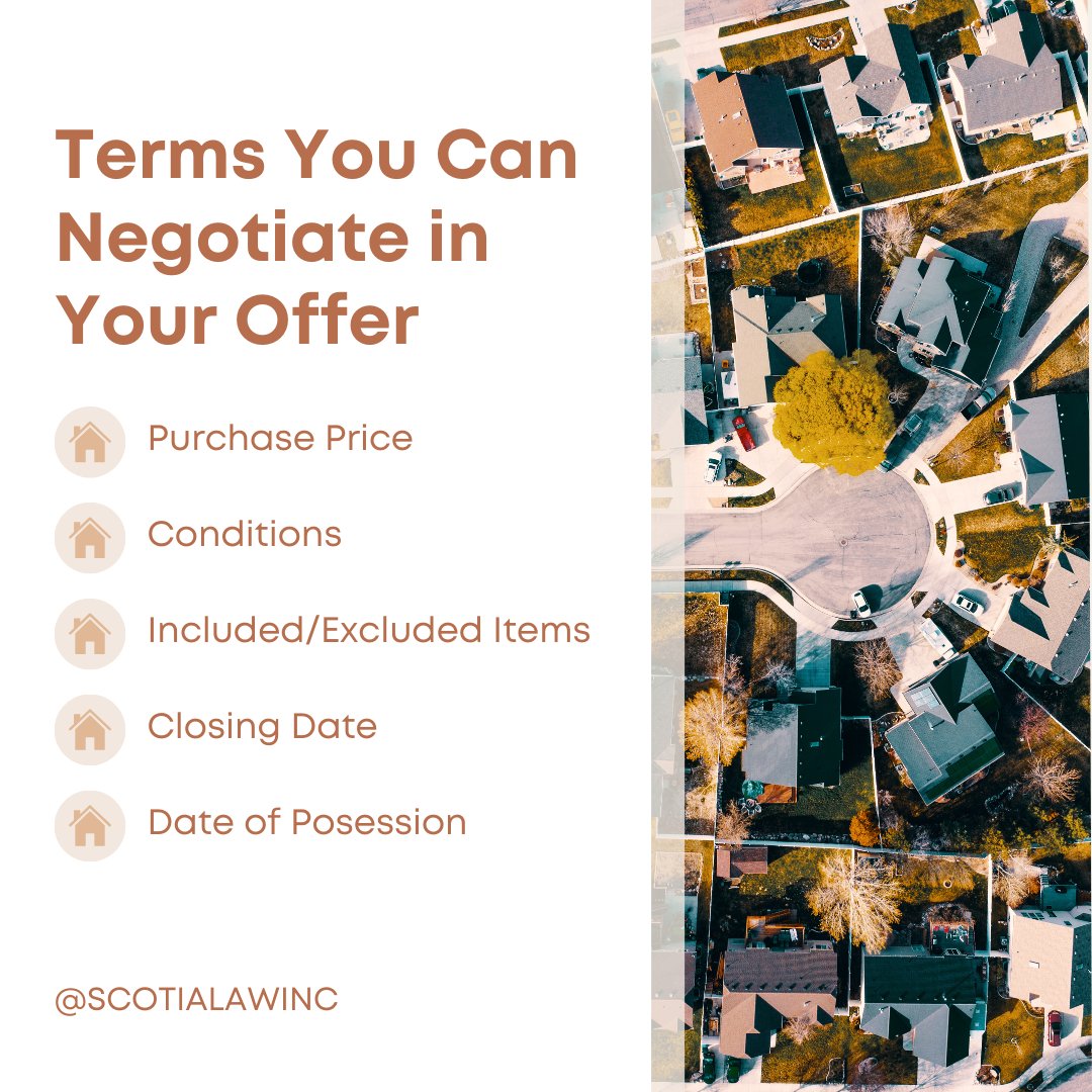 Negotiating the terms of an offer on a home can sometimes feel overwhelming. A great place to start is to understand what you are able to negotiate. 

#law #halifax #dartmouth #lawfirm #lawyers #realestatelaw #realestate
