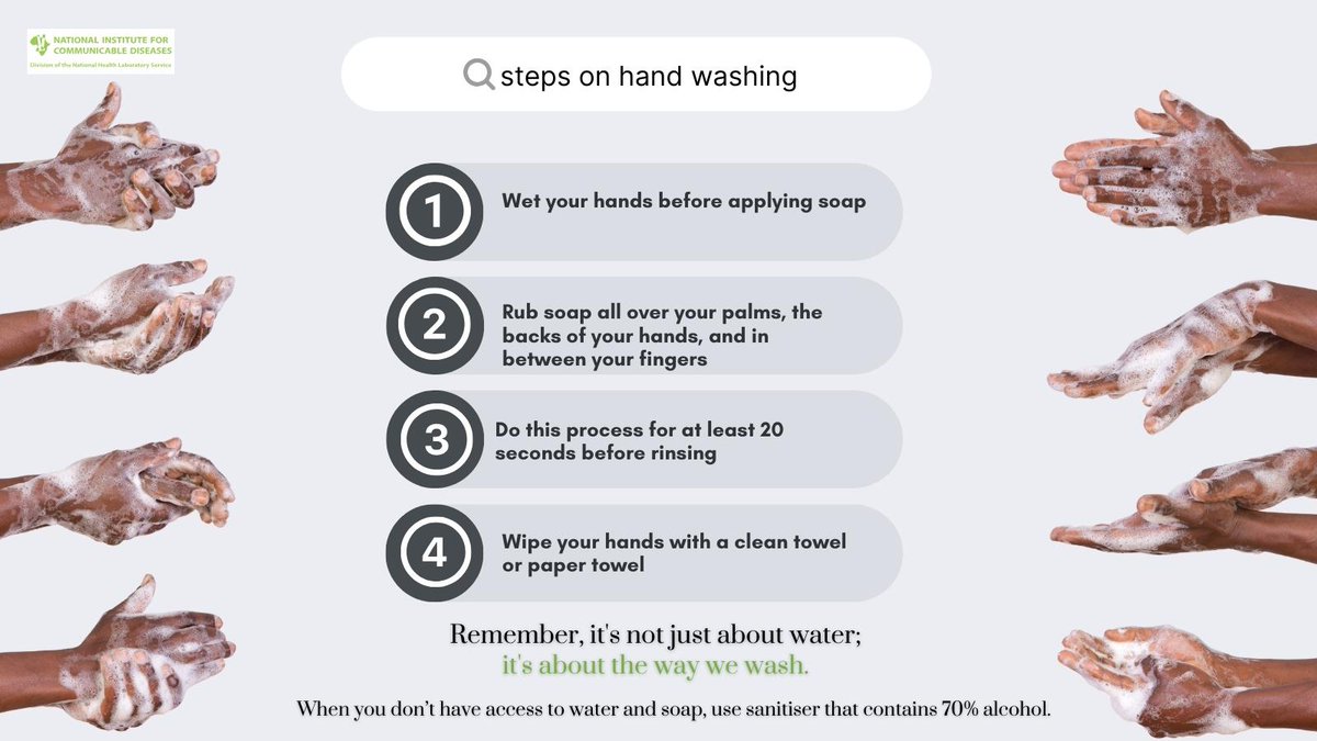 nicd_sa's tweet photo. Wash your hands correctly: Handwashing with soap and water is one of the best ways to get rid of germs and protect yourself and those around you from getting sick. Remember the key steps! Wet – Lather – Scrub (for at least 20 seconds) – Rinse – Dry. #CleanHandsAreWithinReach https://t.co/8QCImoyR22