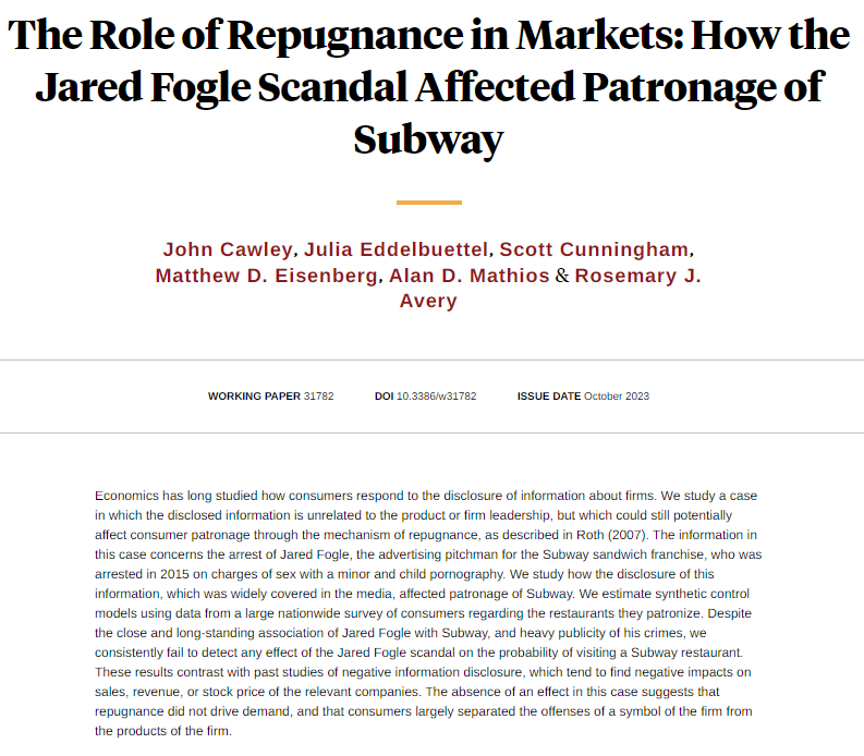 NBER (@nberpubs) on Twitter photo The widespread coverage of Jared Fogel's crimes had no detectable effect on patronage of the Subway sandwich franchise, from <a href="/cawley_john/">John Cawley</a>, <a href="/julia_edd/">Julia Eddelbuettel</a>, <a href="/causalinf/">scott cunningham</a>, <a href="/MattDEisenberg/">Matthew Eisenberg</a>, <a href="/Adm5Alan/">alan mathios</a>, and Rosemary J. Avery nber.org/papers/w31782 The widespread coverage of Jared Fogel's crimes had no detectable effect on patronage of the Subway sandwich franchise, from <a href="/cawley_john/">John Cawley</a>, <a href="/julia_edd/">Julia Eddelbuettel</a>, <a href="/causalinf/">scott cunningham</a>, <a href="/MattDEisenberg/">Matthew Eisenberg</a>, <a href="/Adm5Alan/">alan mathios</a>, and Rosemary J. Avery nber.org/papers/w31782