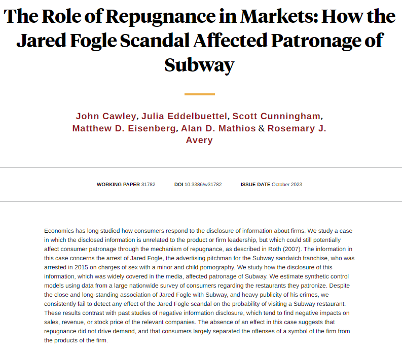 The widespread coverage of Jared Fogel's crimes had no detectable effect on patronage of the Subway sandwich franchise, from @cawley_john, @julia_edd, @causalinf, @MattDEisenberg, @Adm5Alan, and Rosemary J. Avery nber.org/papers/w31782