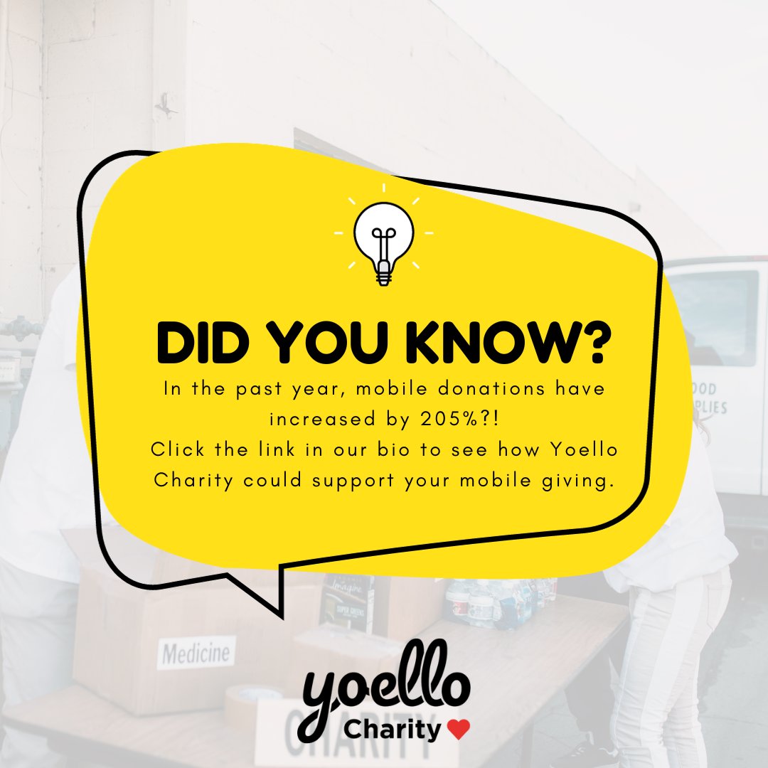 Did you know: in the past year, mobile donations have increased by 205%?! Click the link in our bio to see how Yoello Charity could support your mobile giving.

#YoelloCharity #DonateWithYoello #DidYouKnow