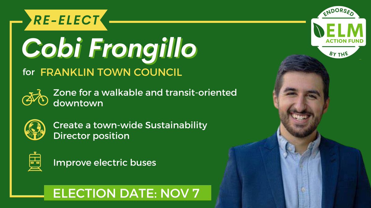 EnviroLeagueMA's tweet photo. The ELM Action Fund is excited to endorse @CobiFrongillo for re-election to Franklin Town Council

He has pushed for swift &amp; comprehensive #ClimateAction in Franklin &amp; will advance sustainable development &amp; #ElectricVehicle infrastructure in his next term

https://t.co/fUgwx60OZ3 https://t.co/KkawoSfZxJ