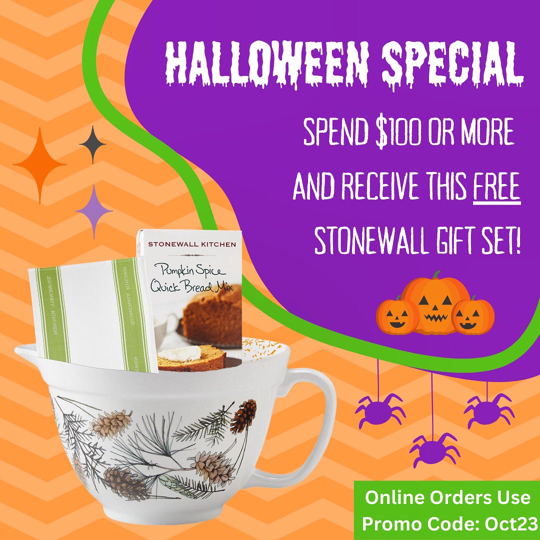 👻 Announcing our Halloween Special! 👻

Beginning Monday Oct 23rd, spend $100 or more and receive a free @stonewallkitchen gift set while supplies last! 

duluthkitchen.com