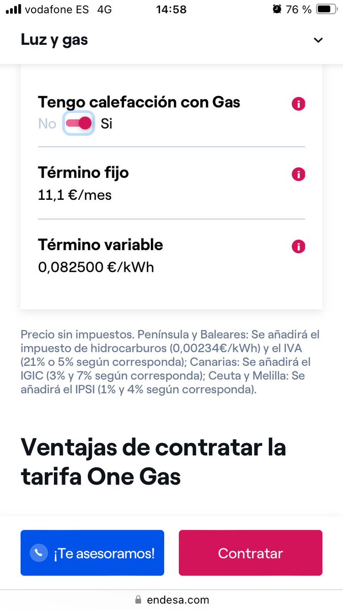 SergioMezea's tweet photo. @EndesaClientes tiene la poca vergüenza de llamarme para decirme que me están aplicando una de las mejores tarifas de gas de @Endesa a 0,11€/kw, mientras en su web ofertan una tarifa a 0,0825€/kw. #estafaendesa https://t.co/DOwSUPjguY