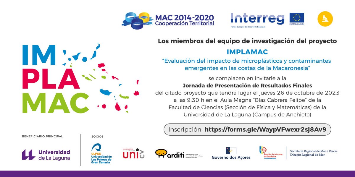 IMPLAMAC's tweet photo. Nos pasamos por aquí para recordarles que el próximo 26 de octubre 2023 va tener lugar la Jornada de Presentación de Resultados Finales del Proyecto #IMPLAMAC, 4 años recopilando datos del impacto de los #microplásticos y #contaminantesemergentes en las costas de La Macaronesia! https://t.co/EiE4ahiT5J