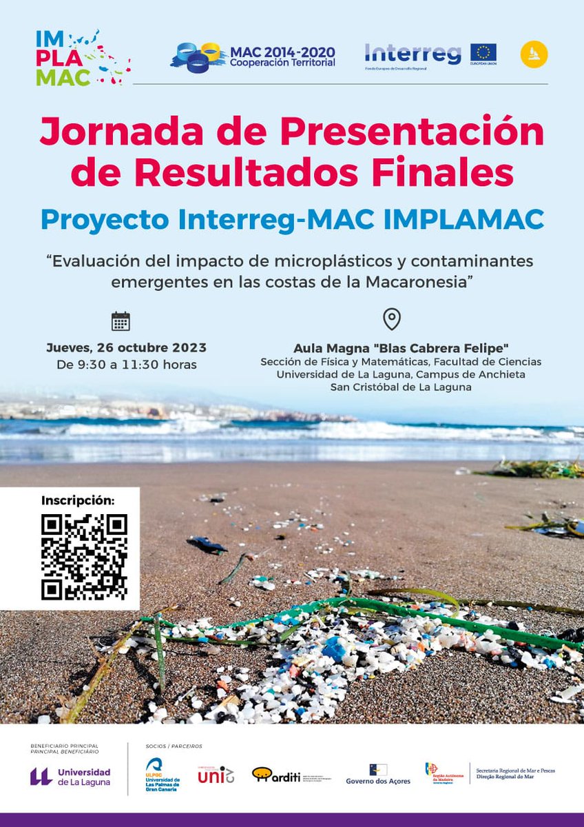 IMPLAMAC's tweet photo. Nos pasamos por aquí para recordarles que el próximo 26 de octubre 2023 va tener lugar la Jornada de Presentación de Resultados Finales del Proyecto #IMPLAMAC, 4 años recopilando datos del impacto de los #microplásticos y #contaminantesemergentes en las costas de La Macaronesia! https://t.co/EiE4ahiT5J