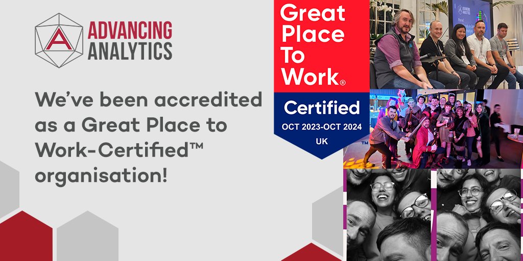 AdvAnalyticsUK's tweet photo. 🎉 We're a Great Place to Work™ accredited organisation! 🎉
Our company culture is super important to us, with our core values centring around #ZeroBurnout and #ComeAsYouAre, so we're pleased to renew this accreditation with 92% considering us a #GreatPlacetoWork.
#GPTW https://t.co/dr6wNRhZ7E