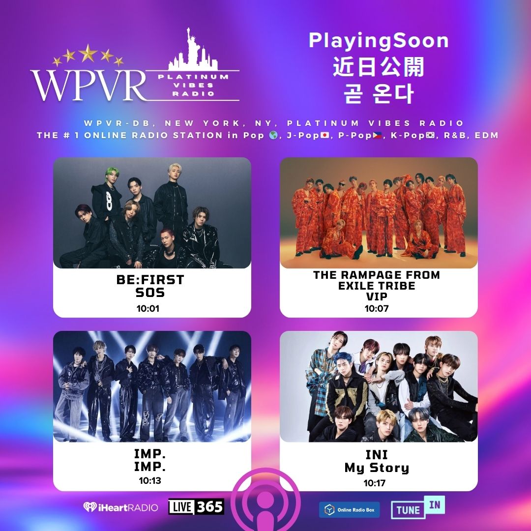 platinumvibes8's tweet photo. #PlayingSoon #近日公開 #곧온다 on #WPVR NYC, the # 1 online radio in Pop 🌎, J-Pop🇯🇵, P-Pop🇵🇭, K-Pop🇰🇷, R&B 🎶, EDM ⚡️:
10:01 - SOS @BEFIRSTofficial
10:07 - VIP @therampagefext
10:13 - IMP.@_7mp_official_
10:17 - My Story @official__INI
Listen:
https://t.co/1ol73EPB1j https://t.co/tT2cR5xkRu