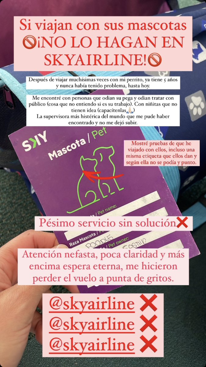 Carocastoled's tweet photo. 🚫@SKYAirline_CL ❌Publicidad engañosa y personal no capacitado.He viajado con mi mascota en el mismo canil y en Skyairline,tenía incluso 1 etiqueta que ellos me dieron en uno de sus vuelos anteriores. Servicio q ofrecen y después lo cuestionan. SI CUMPLE LAS CONDICIONES @SERNAC https://t.co/b7eHf6XElZ