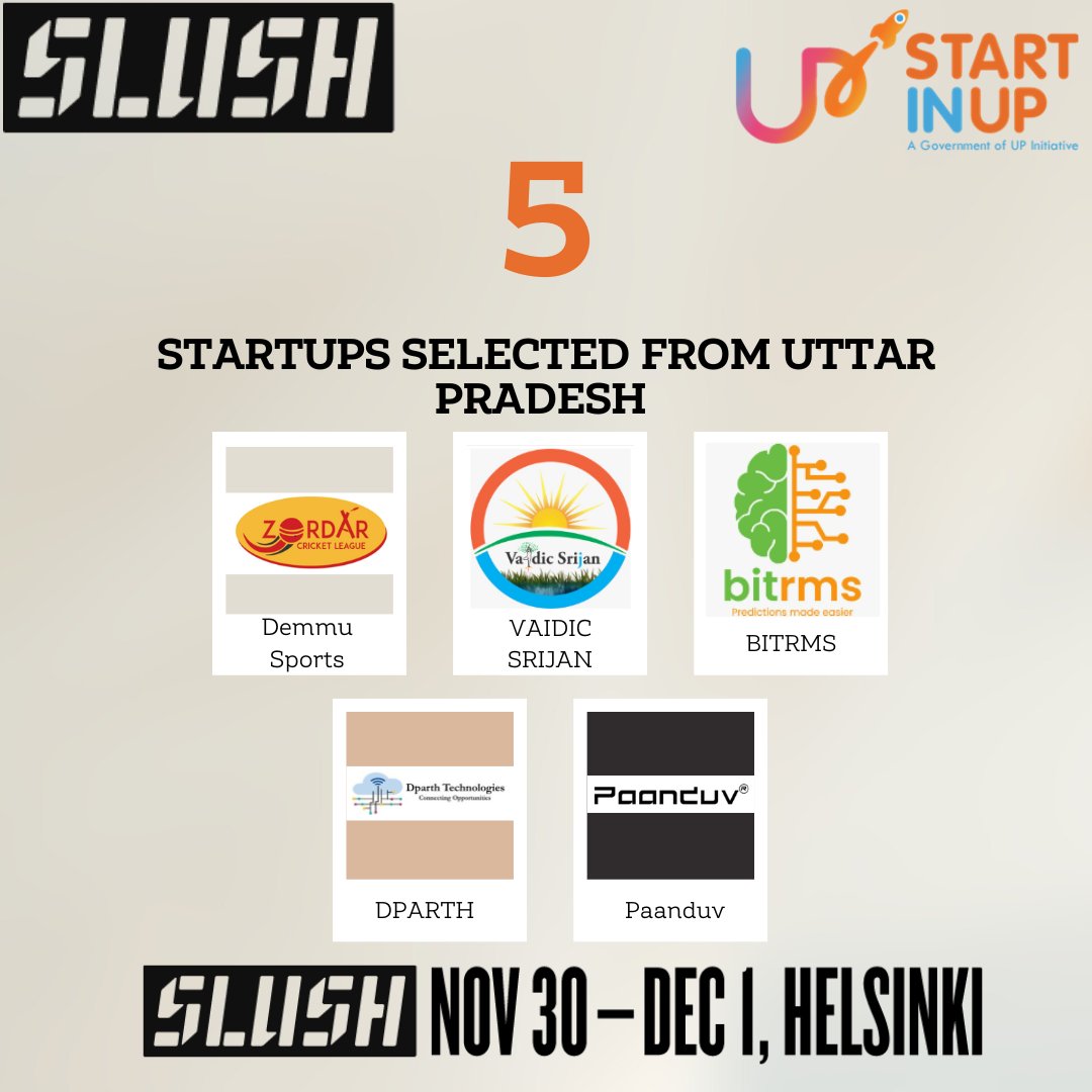 UPStartuppolicy's tweet photo. StartInUP thrilled to congratulate the 5 outstanding startups from Uttar Pradesh selected for #Slush2023. Your innovation and hard work have earned you this incredible opportunity. Best of luck at the event! 🙌🏆#Startups #Innovation #Entrepreneurship #UPStartups https://t.co/FPDH6gwVAw