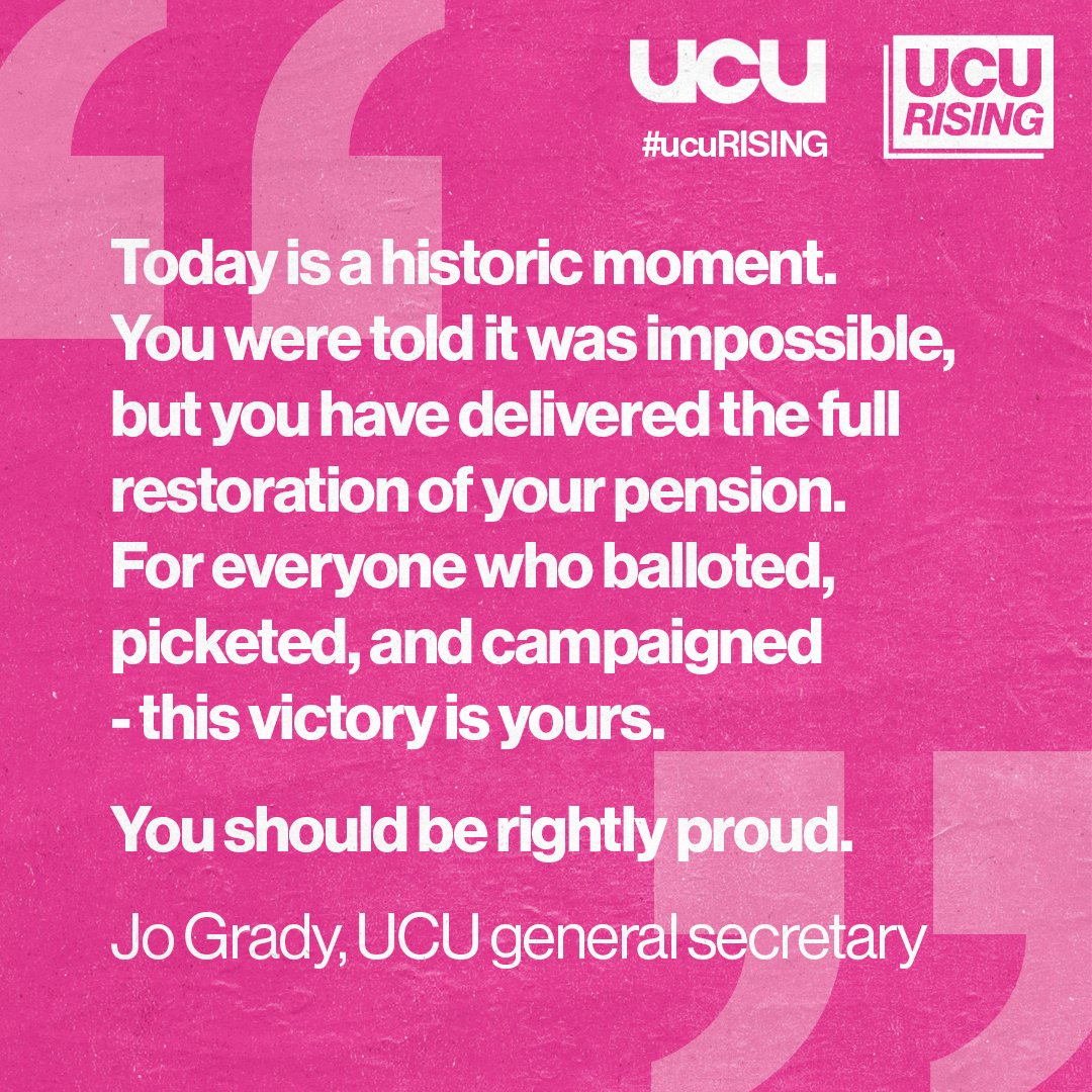 🚨BREAKING: 99% YES vote to end USS pension dispute Full restoration. 69 days of strike action in the making. History. Delivered by you. #ucuRISING