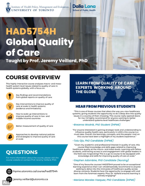 Registration for our winter course on global quality of care at @ihpmeuoft opened on Monday and there are only five spots left, so register when you can. Details in the flyer below. Show up and learn about how to improve quality of care at scale in health systems @SteiniBrown