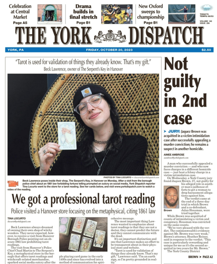 Wallace McKelvey (@wjmckelvey) on Twitter photo Pick up today's <a href="/YorkDispatch/">York Dispatch</a> for great reporting from <a href="/tina_locurto/">Tina Locurto</a> piercing the veil of Pa.'s tarot prohibition, <a href="/aimee_TYD/">Aimee Ambrose</a> on the complicated case of Jaquez Brown and so much more.
Online here: yorkdispatch.com/story/news/loc…
And here: yorkdispatch.com/story/news/cri… Pick up today's <a href="/YorkDispatch/">York Dispatch</a> for great reporting from <a href="/tina_locurto/">Tina Locurto</a> piercing the veil of Pa.'s tarot prohibition, <a href="/aimee_TYD/">Aimee Ambrose</a> on the complicated case of Jaquez Brown and so much more.
Online here: yorkdispatch.com/story/news/loc…
And here: yorkdispatch.com/story/news/cri…