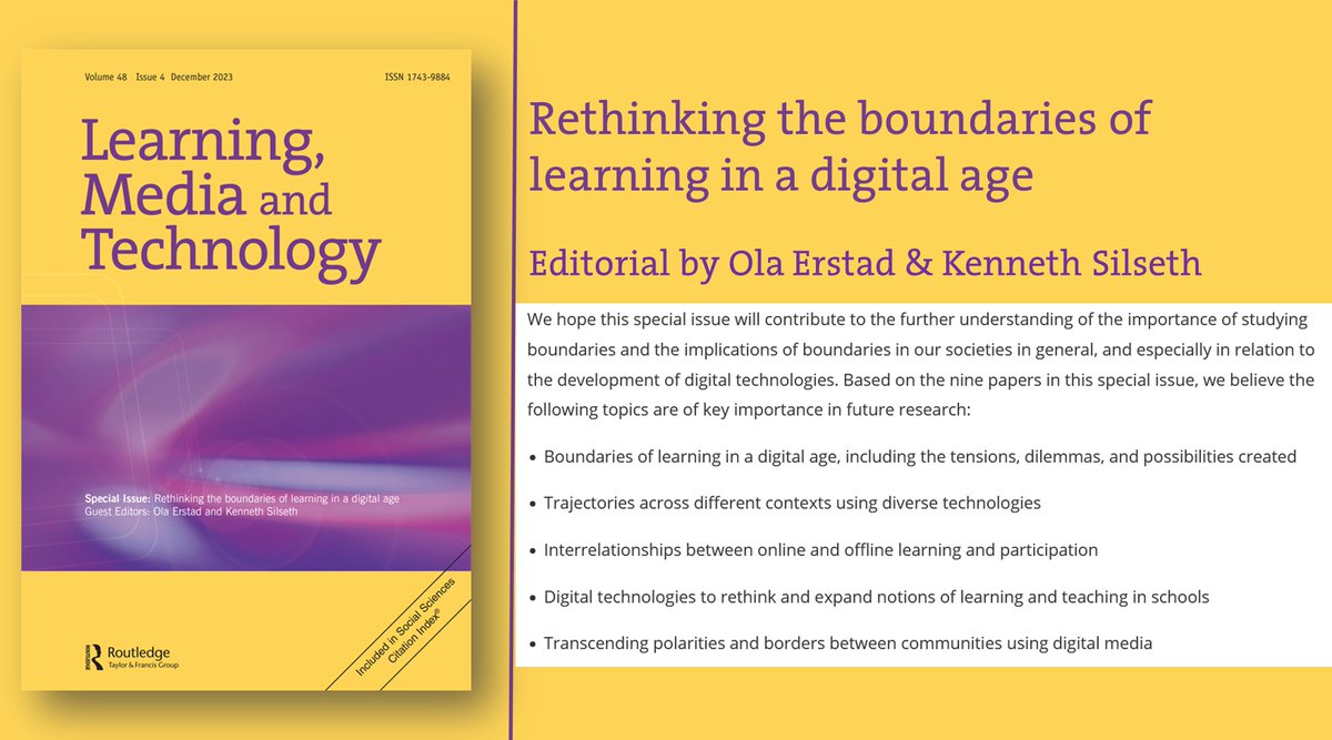 🟨Volume 48, Issue 4 (2023) of #LMT🟪 This special issue provides the reader with a collection of contributions that address the topic of #boundaries in relation to the intersection between digital technologies, education & learning. Read all articles: tandfonline.com/toc/cjem20/48/4