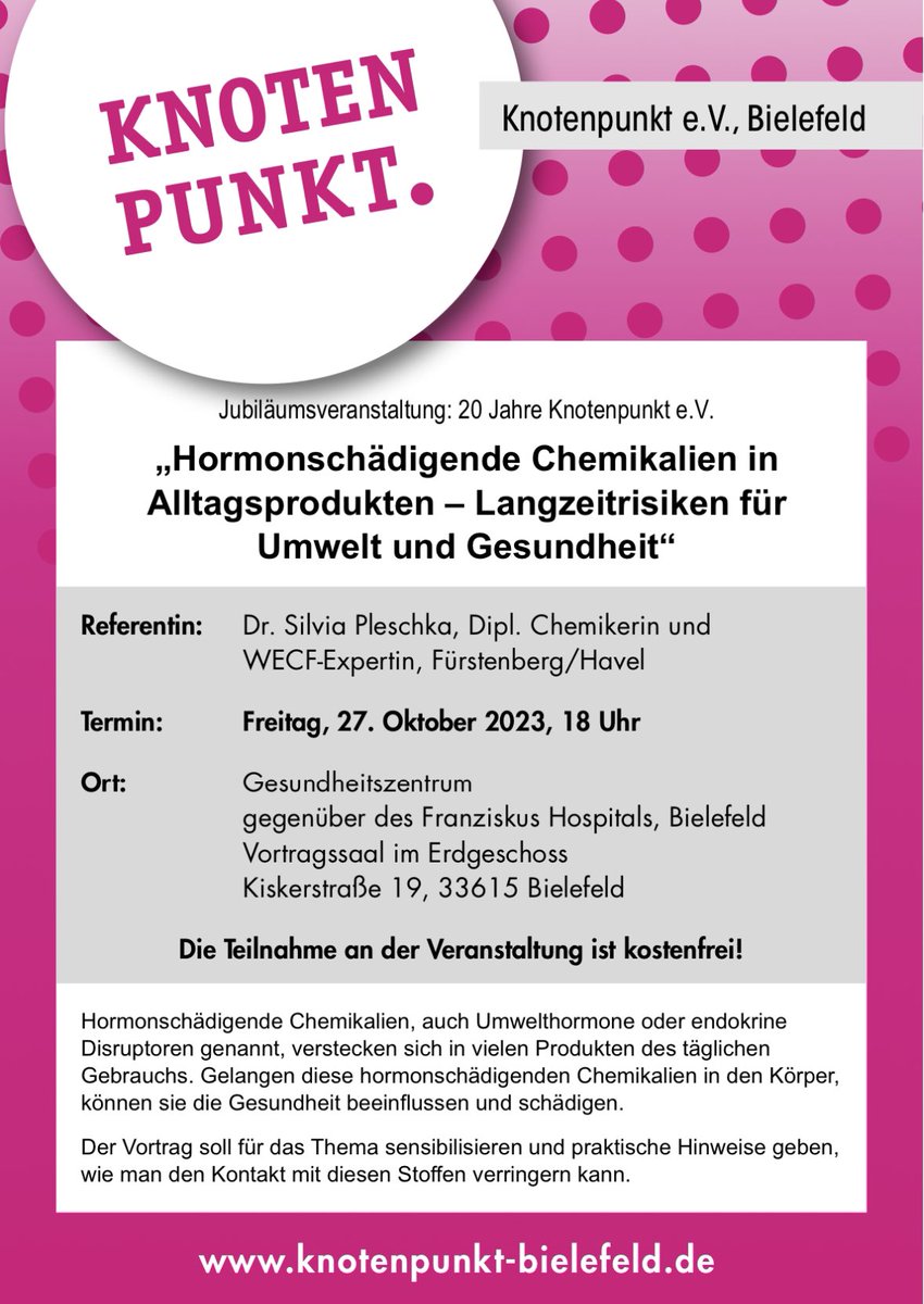 NoWaCoMi's tweet photo. Die unerkannte Gefahr: Umwelthormone

Interessanter Vortrag zu einem brandaktuellen Thema anlässlich des 20jährigen Jubiläums des Vereins Knotenpunkt e.V. Bielefeld.

#endogeneDisruptoren #PFAS #Phtalate #Hormonsystem 

Gerne teilen! https://t.co/TIEPmkQyDN
