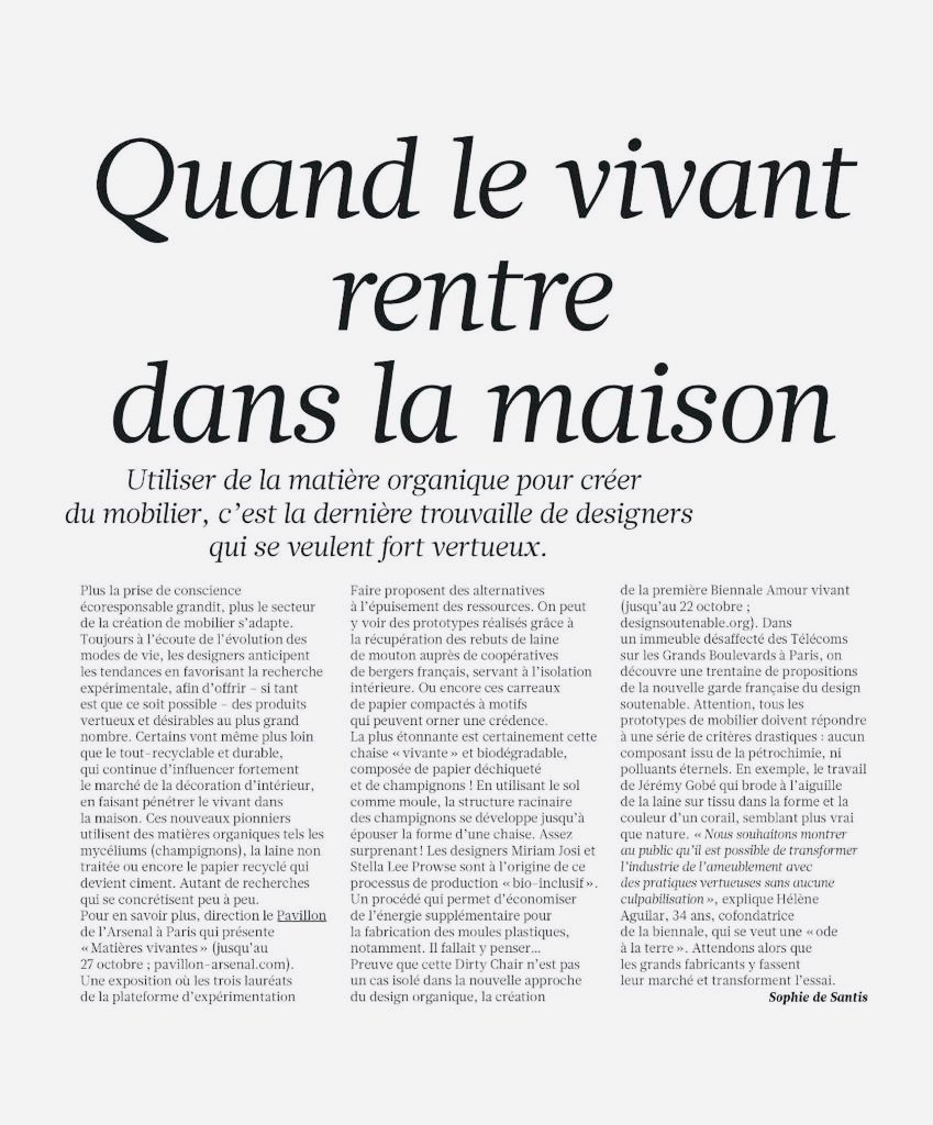 [Vu dans la presse] Merci à Sophie de Santis pour sont article intitulé « Quand le vivant rentre dans la maison » qui présente l’exposition « Matières Vivantes » du <a href="/PavillonArsenal/">PAVILLON ARSENAL</a> dans <a href="/Le_Figaro/">Le Figaro</a>