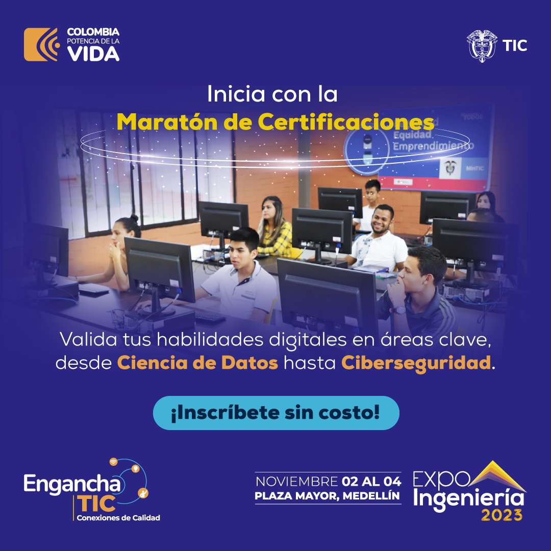 TalentoDigCol's tweet photo. ¡Desbloquea tus superpoderes digitales! 💪 Únete al “Maratón de Certificaciones” de #EnganchaTIC 2.0 y certifícate en Visualización de Datos, Ciencia de Datos, IA, Programación Web, Ciberseguridad y Marketing Digital. 🚀🎓
Inscríbete y despega: 🔗https://t.co/CcM2enca9C https://t.co/B2dCy8fsU5