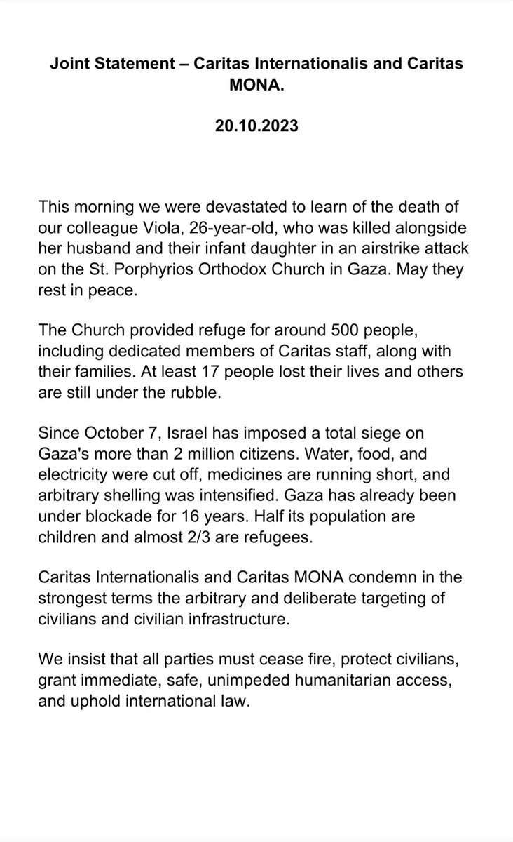 Joint Statement - Caritas Internationalis and Caritas MONA. 
#Gaza