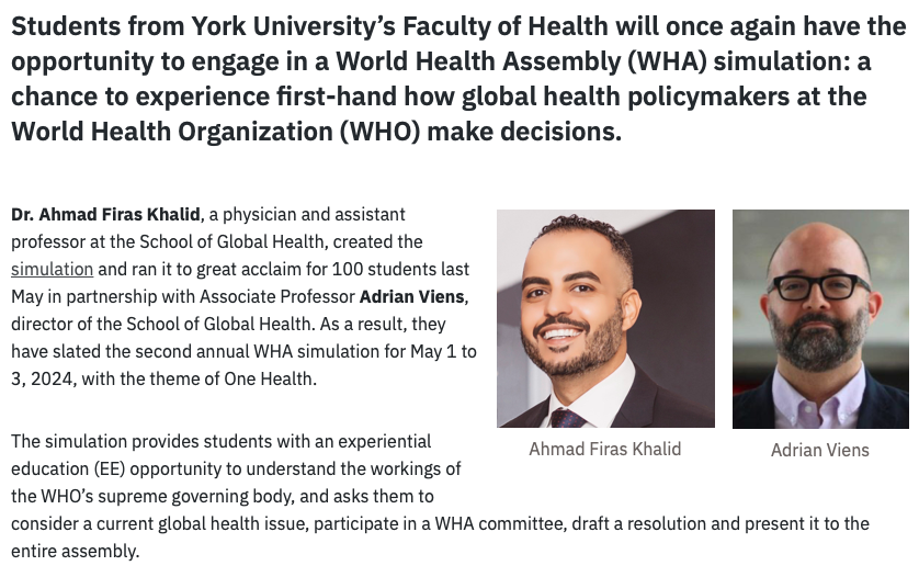 WHA simulation is excellent teaching tool  - YFile yfile.news.yorku.ca/2023/10/19/wha… “We want to be innovative in our approach every year and push the envelope,” said Khalid. @YorkUnews @DIGHR_YorkU @YorkUHealth @YU_Global @YorkUIntlStdnts @GHWHASIM