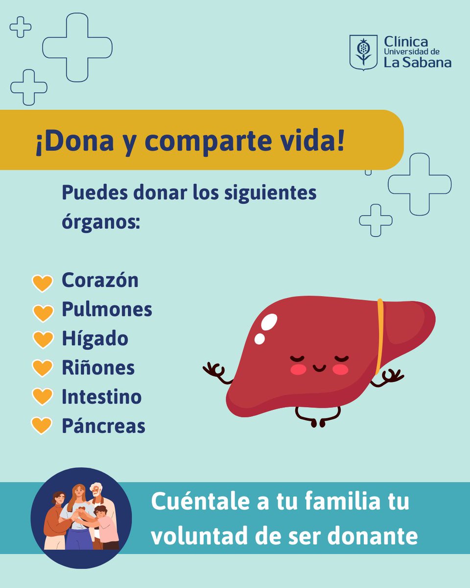 Clínica Unisabana (@clinicausabana) on Twitter photo Recordemos la importancia de la donación de órganos y tejidos. Con un donante se pueden salvar hasta 55 vidas.
Te invitamos a manifestar tu voluntad de ser donante y comentarle esta decisión a tus familiares.
Para mayor información 👉 donavida.ins.gov.co/Paginas/donaci…
<a href="/SectorSalud/">Secretaría Distrital de Salud</a> Recordemos la importancia de la donación de órganos y tejidos. Con un donante se pueden salvar hasta 55 vidas.
Te invitamos a manifestar tu voluntad de ser donante y comentarle esta decisión a tus familiares.
Para mayor información 👉 donavida.ins.gov.co/Paginas/donaci…
<a href="/SectorSalud/">Secretaría Distrital de Salud</a>