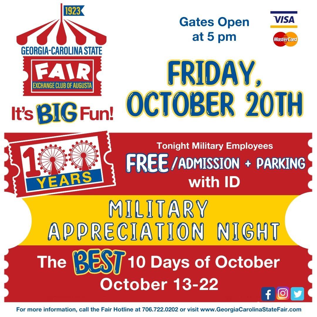 We would like to show our appreciation to our Military for their service at the Georgia-Carolina State Fair!  We look forward to seeing you tonight
#familyfun #fallfun #militaryappreciation #military #fortgordon #army #navy #airforce #marines #reserves #nationalguard