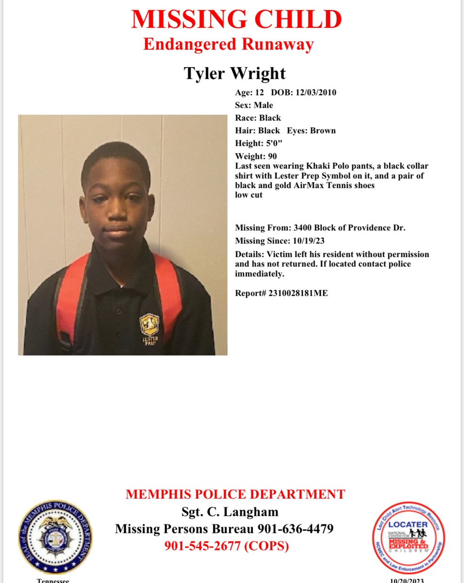 MEM_PoliceDept's tweet photo. ***CITY WATCH***

Have you seen Tyler Wright?
Report #2310028181ME

He left home without permission and has not returned. https://t.co/4Lf6JAt55d