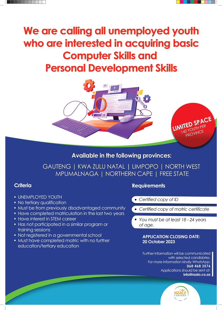 CareersNzalo's tweet photo. SCHOLARSHIP——Get ready for the WORLD OF WORK…. All unemployed youth (male and female) from disadvantaged communities who are interested in personal development and acquiring basic computer skills 💻🖥, an opportunity is here for you. Kindly click on the link below to apply https://t.co/ZizZcUbzqB