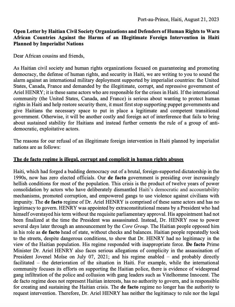 ijdh's tweet photo. @HaitiBai @UN @srpoverty @POTUS And #Haitian civil society & human rights ogs cont to say no to #ForeignIntervention & demand that @StateDept @UN & others #StopTheProp of corrupt, repressive @DrArielHenry. Join us in supporting them in their fight to end UN impunity & restore Haitian sovereignty! https://t.co/xfhMXMQVhm