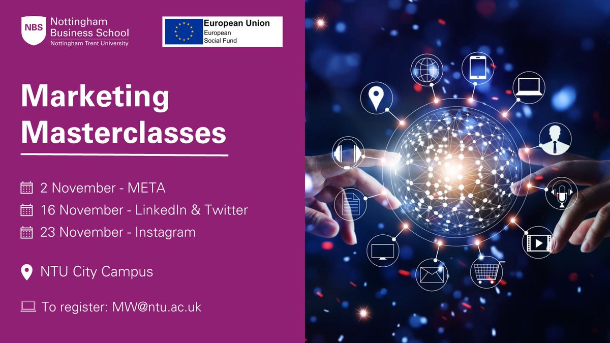 Nottingham Business School (@nbs_ntu) on Twitter photo Have you joined our free Marketing Masterclass series yet? ❔
🌐 Learn more and register: ntu.ac.uk/business-and-e…
💻To enquire or sign up, email: MW@ntu.ac.uk
#MarketingMasterclass #BusinessGrowth #DigitalMarketing #Entrepreneurship #SMEs #Networking #TransformYourBusiness Have you joined our free Marketing Masterclass series yet? ❔
🌐 Learn more and register: ntu.ac.uk/business-and-e…
💻To enquire or sign up, email: MW@ntu.ac.uk
#MarketingMasterclass #BusinessGrowth #DigitalMarketing #Entrepreneurship #SMEs #Networking #TransformYourBusiness