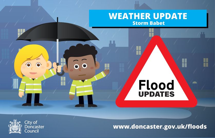 MyDoncaster's tweet photo. Weather Update: #StormBabet 

Heavy rain caused by Storm Babet is continuing over Doncaster and the Environment Agency have issued some flood alerts, meaning flooding is possible and you need to prepare.

🧵⬇️(1/6) https://t.co/U80h6dYN2F