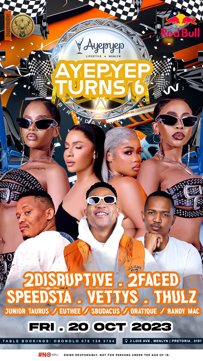 TONIGHT!!!!
<a href="/jagermeistersa/">Jägermeister South Africa</a> @redbullza celebrates Ayepyep Lifestyle  6 years birthday with
 @2Disruptive_
@sethu_maq x @andy_rala and 2face @thuliphongolo&amp;
@slenda_dadapncingdj  @juniortaurusofficial  <a href="/djvettys/">djvettys vettys</a>     <a href="/speedstabro/">DJ Speedsta</a>   <a href="/SBUDACUS/">KgosiTurnUp 👑</a>