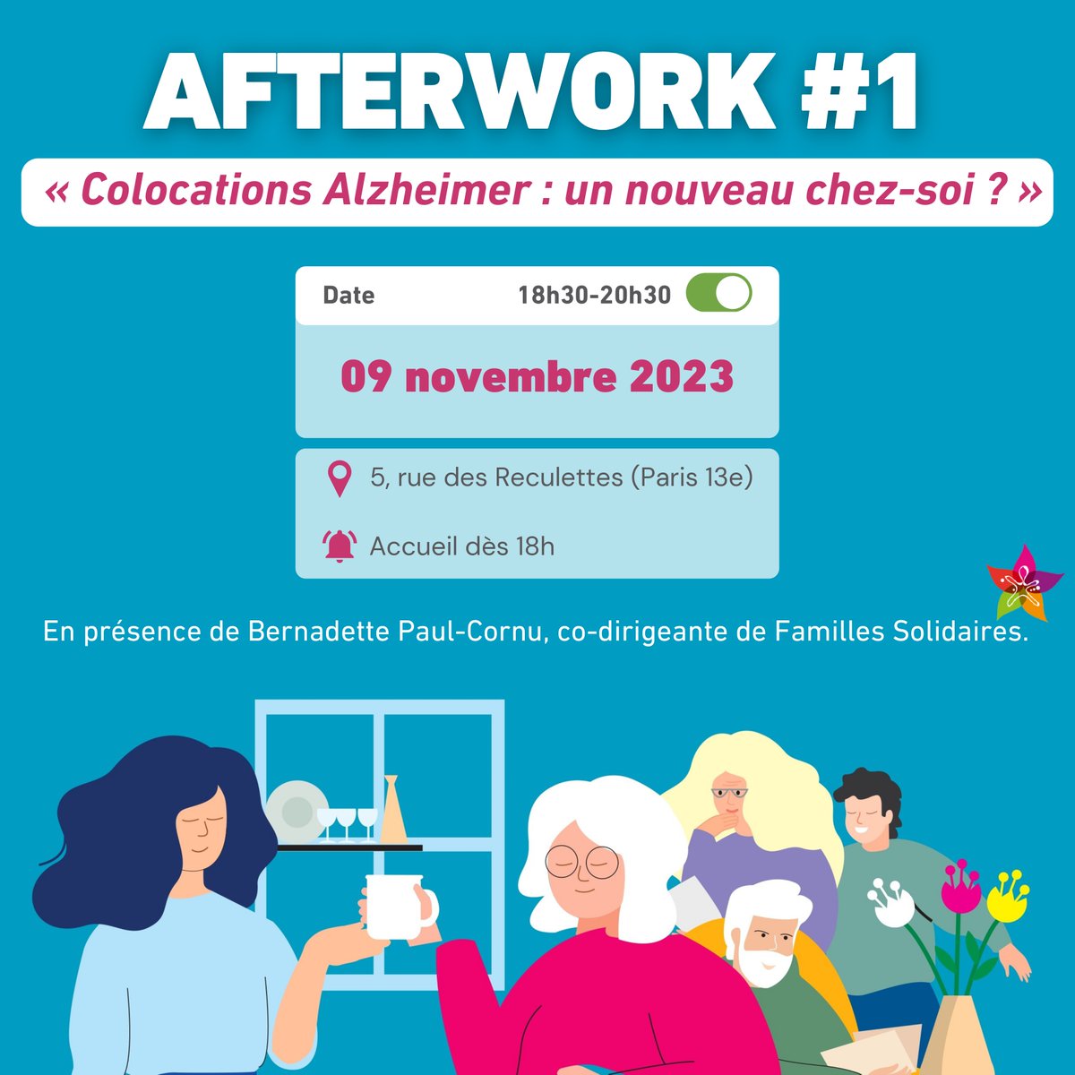 FondationMedAlz's tweet photo. 📅 [#Évènement]
« Colocations Alzheimer : un nouveau chez-soi ? »

📌 Le 9 novembre, 18h30-20h30, Paris 13e.

On vous attend nombreux pour notre 1er #Afterwork.
En présence de Bernadette Paul-Cornu, co-dirigeante de @FamilSolidaires.

Inscrivez-vous 👉 https://t.co/aJxp5yKXiz https://t.co/qKl0y2R7LV