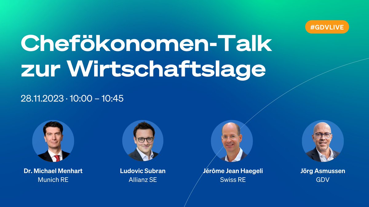 gdv_de's tweet photo. 📢 #GDVlive: Inflation sinkt, deutsche Wirtschaft stagniert. Wie steht es um die 2024-Aussichten? Darüber sprechen @Ludovic_Subran @michaelmenhart @JeromeHaegeli & @JoergAsmussen beim Chefökonomen-Talk. Wir freuen uns auf eine spannende Diskussion! Anmeldung 👉 https://t.co/f3PlT8rQGz