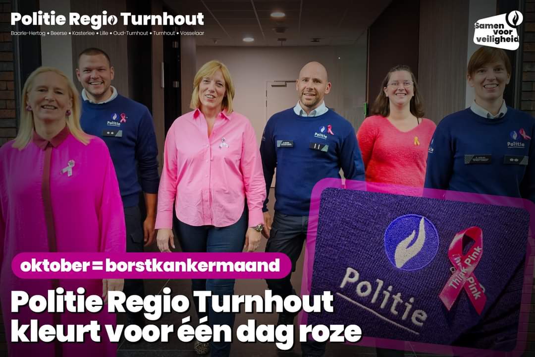 Vandaag kleurt de Politie Regio Turnhout niet alleen blauw, maar ook roze. Zo steunen we iedereen die van dichtbij of veraf wordt geconfronteerd met #borstkanker, een vreselijke ziekte die 1 op 8 vrouwen in ons land treft. @thinkpinkinfo