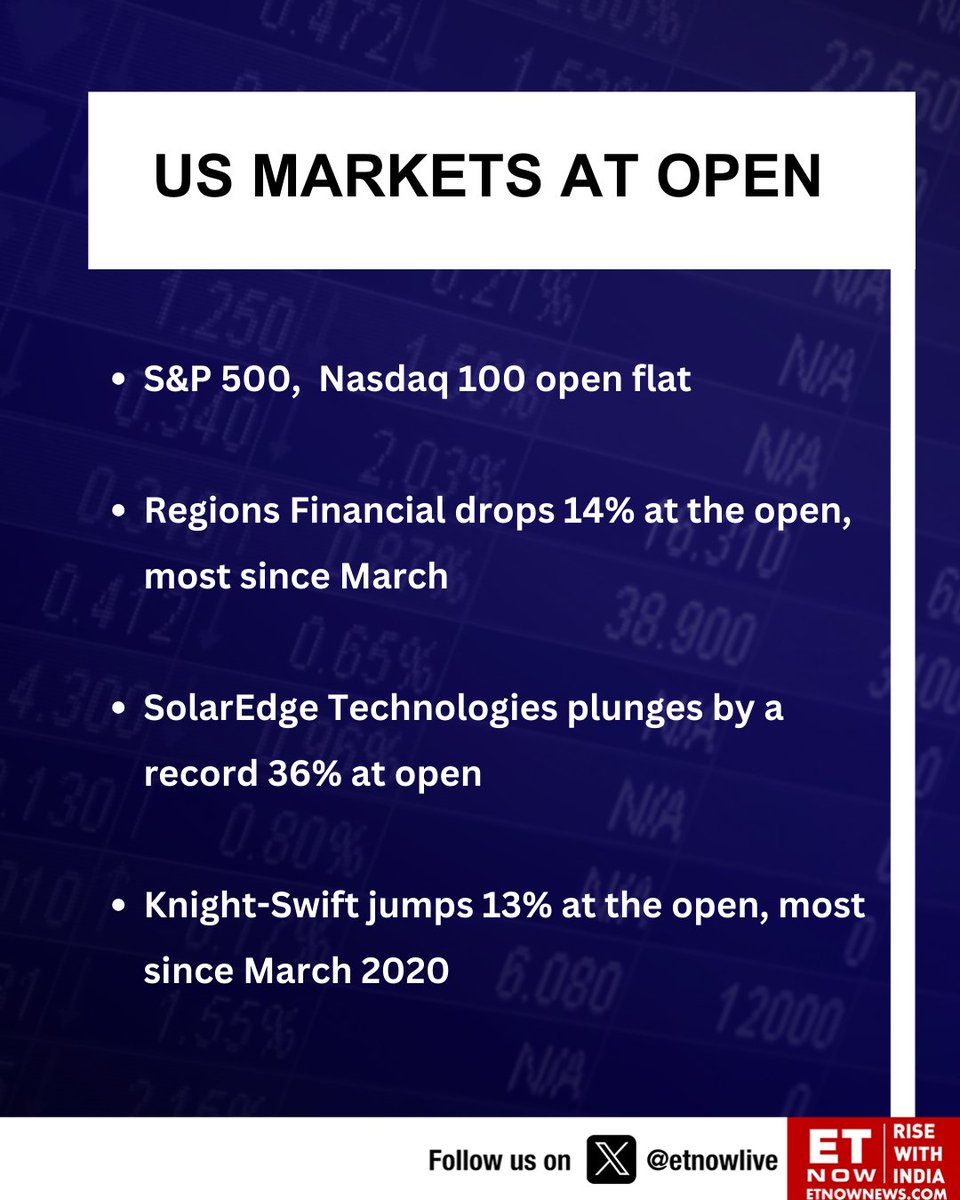 ETNOWlive's tweet image. US Markets At Open | S&amp;amp;P 500, Nasdaq 100 open flat; these are the updates on other companies👇 

#US @Nasdaq #RegionsFinancial #SolarEdgeTechnologies #KnightSwift