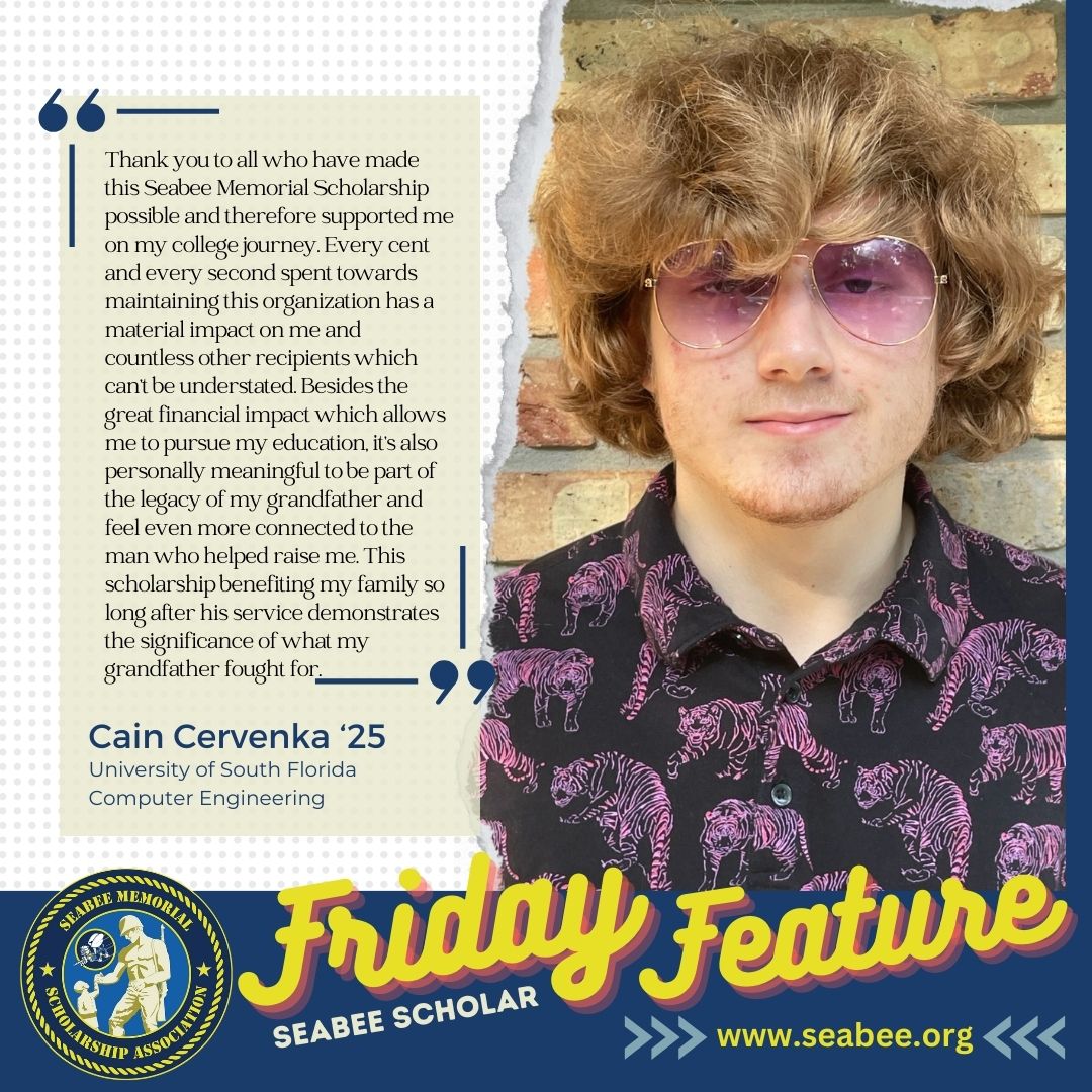 SeabeeMemorial's tweet photo. Meet this week's Seabee Scholar, Cain, a computer Engineering major at Univ of South Florida, all thanks to his grandfather's military service. 

Cain's future is bright, thanks to your support. Your generosity changes lives. https://t.co/XSZhDuzIiX. 💙 #SeabeeScholar #Seabees https://t.co/SzGklGDTLq