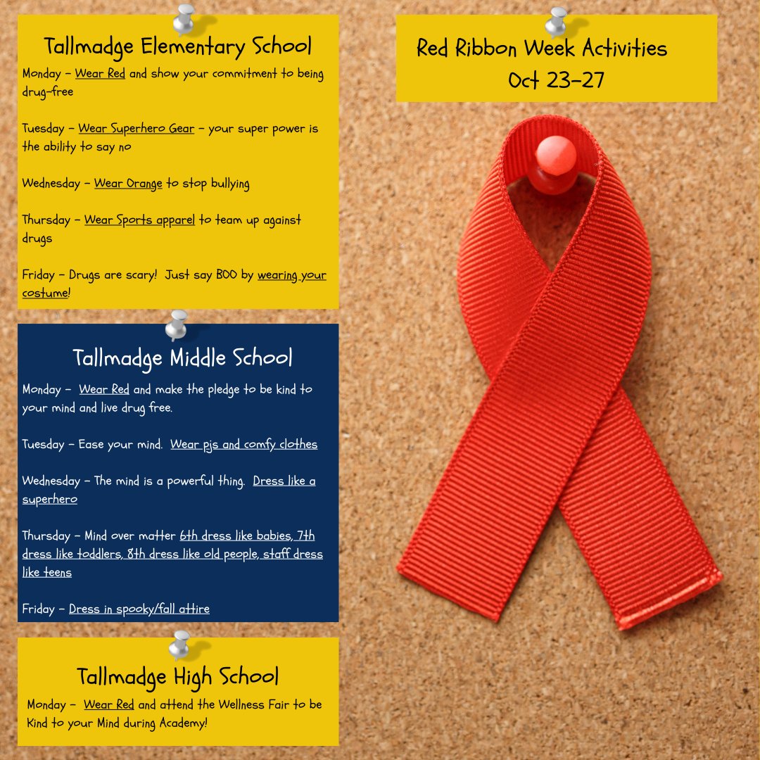 tcstweets1's tweet photo. Red Ribbon Week is a national campaign to raise awareness on how to keep kids drug free, to learn more, visit https://t.co/9VgqwBY1ln

Each building is celebrating being drug-free a little differently, so please see the graphic below for all the important RRW activity information https://t.co/dJ5afLf35r