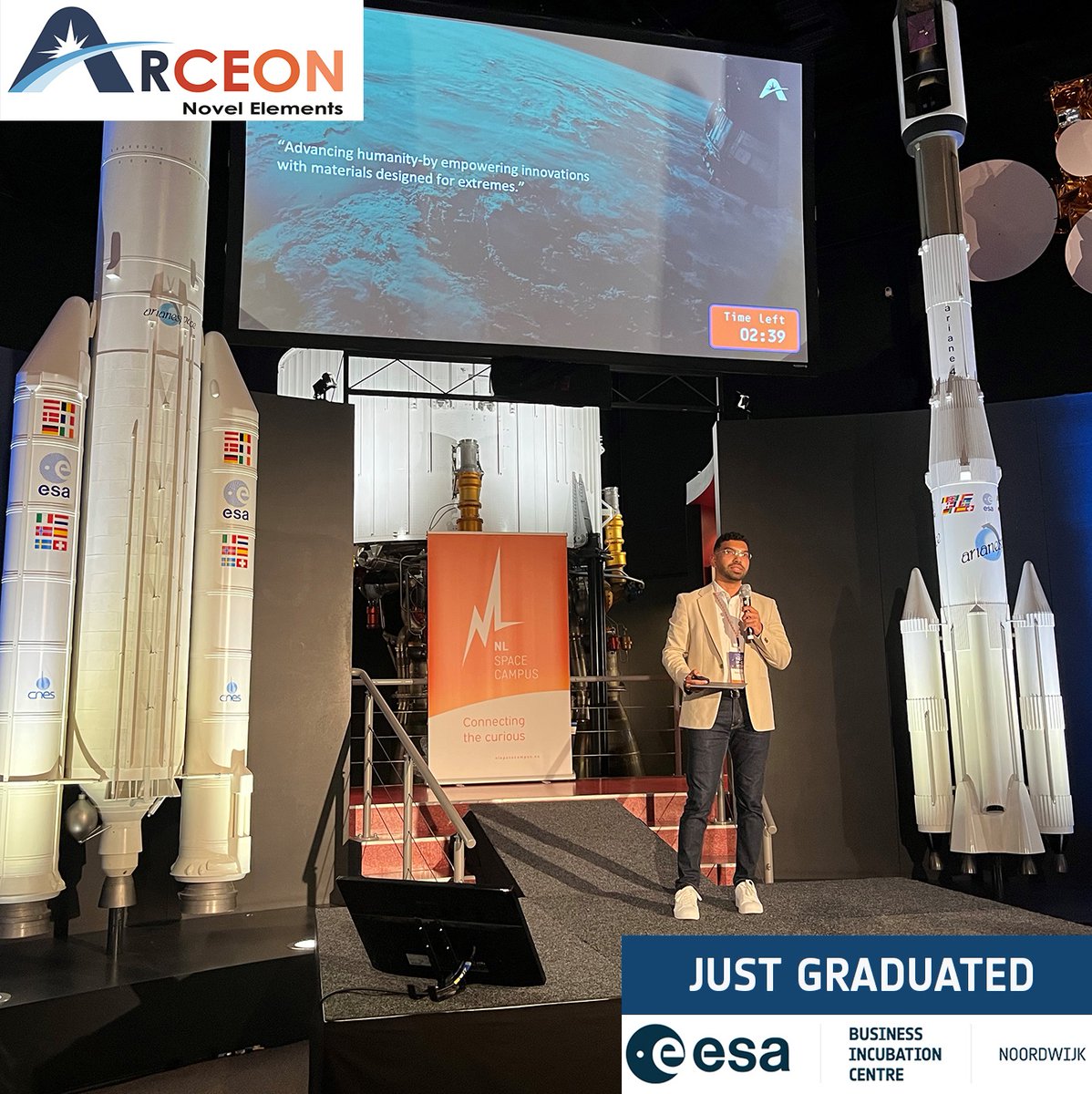 🎯 Congratulations to Arceon for graduating the incubation programme at #ESABICNoordwijk! 

🛰️ The startup engineers "materials for extremes." Meet the team at <a href="/SpaceTechExpoEU/">Space Tech Expo Europe</a> next month!

📸 Rahul Shirke at Space Expo last week during #TheSpaceWeekNL 

esa-bic.nl