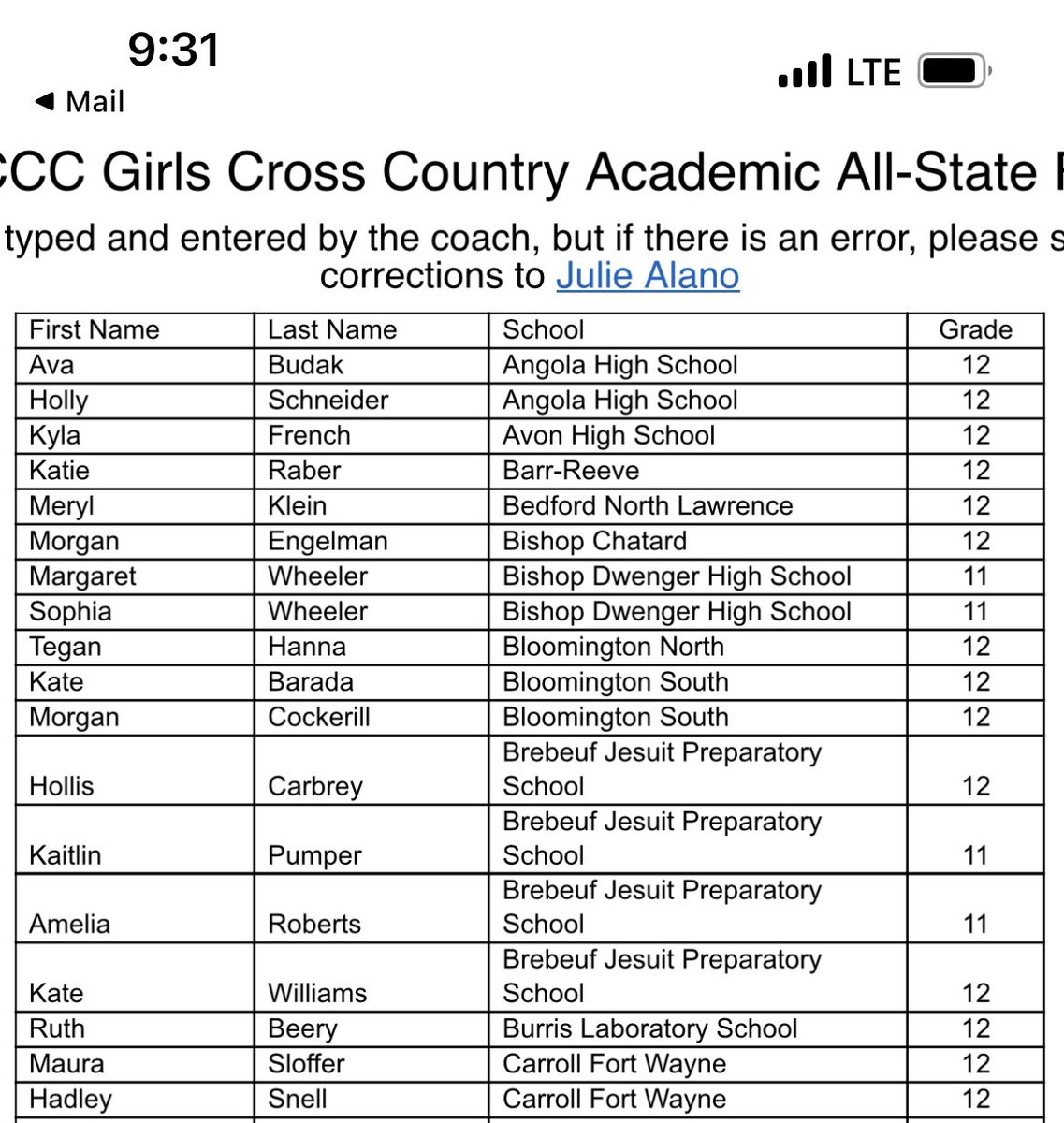 1st Team Academic All-State for cross country! @BHSS_Athletics @DePauwSoftball